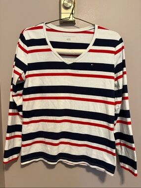 Tommy Hilfiger Women's Red, Navy & White Striped V-Neck Long Sleeve Top